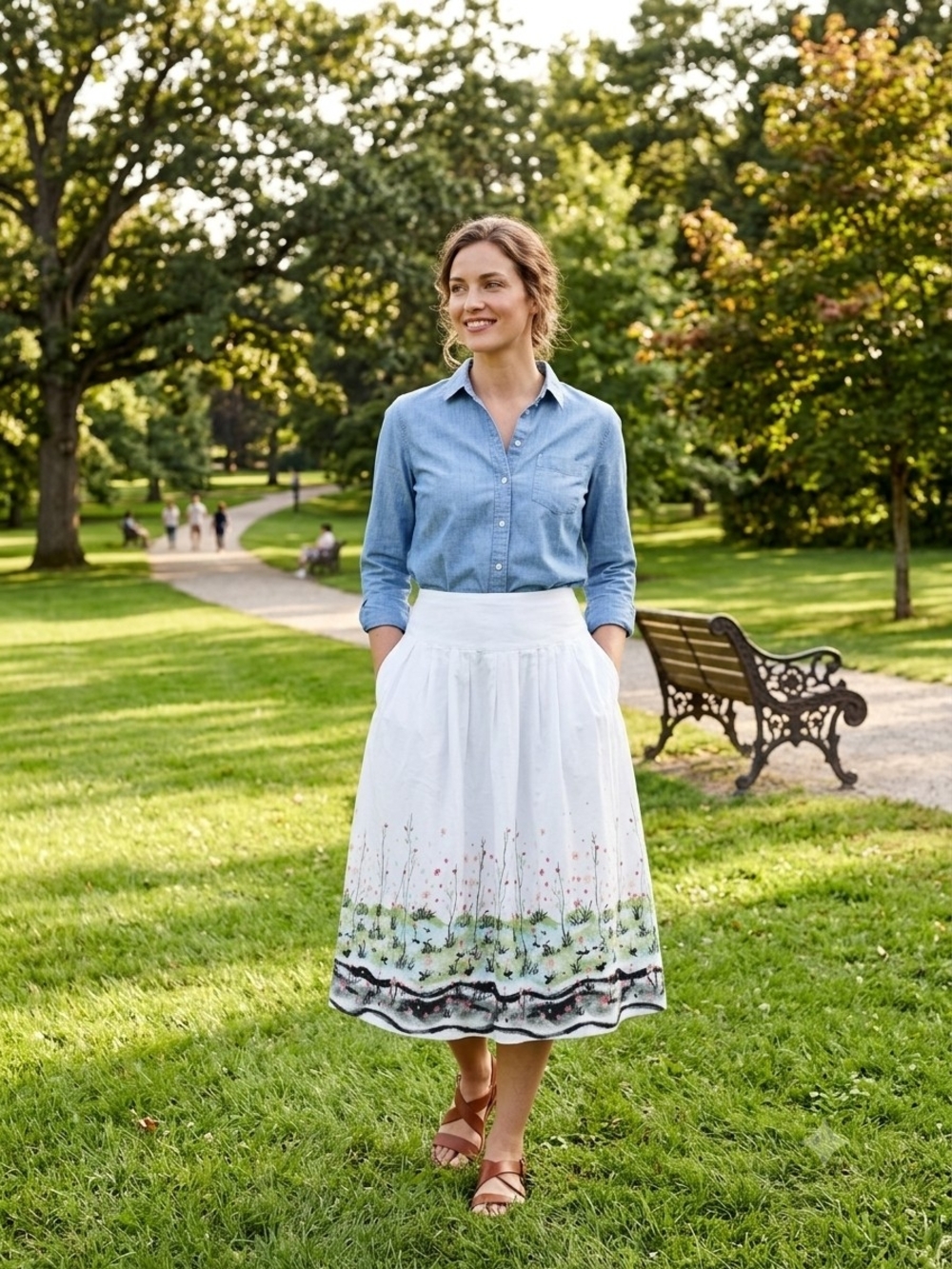 Covington White Midi Skirt with Floral Border